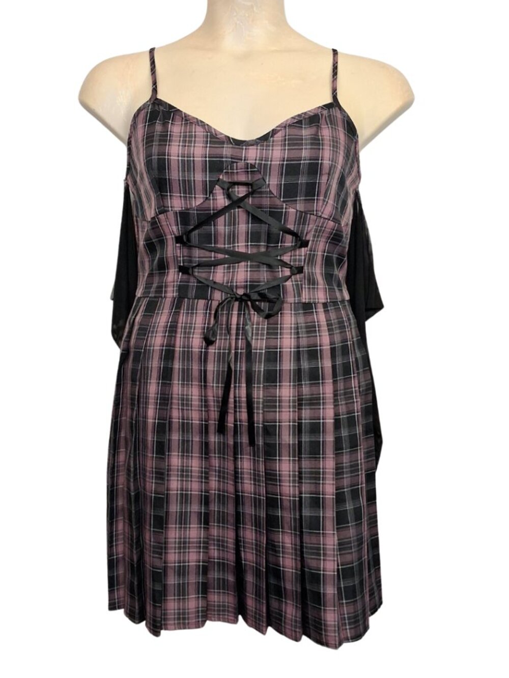 ROMWE Purple Plaid Dress Pleated Black Mesh Long Sleeve Lace Up XLarge NWT